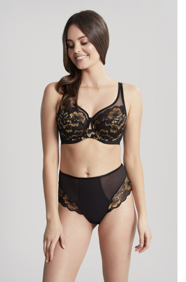 Black and gold balconette bra by Panache, featuring underwire support, available in sizes 8DD and 8FF.