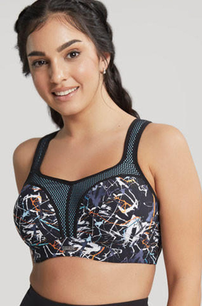 Panache Ink Splat sports bra in D cup, featuring a colorful splatter design for larger cup sizes.