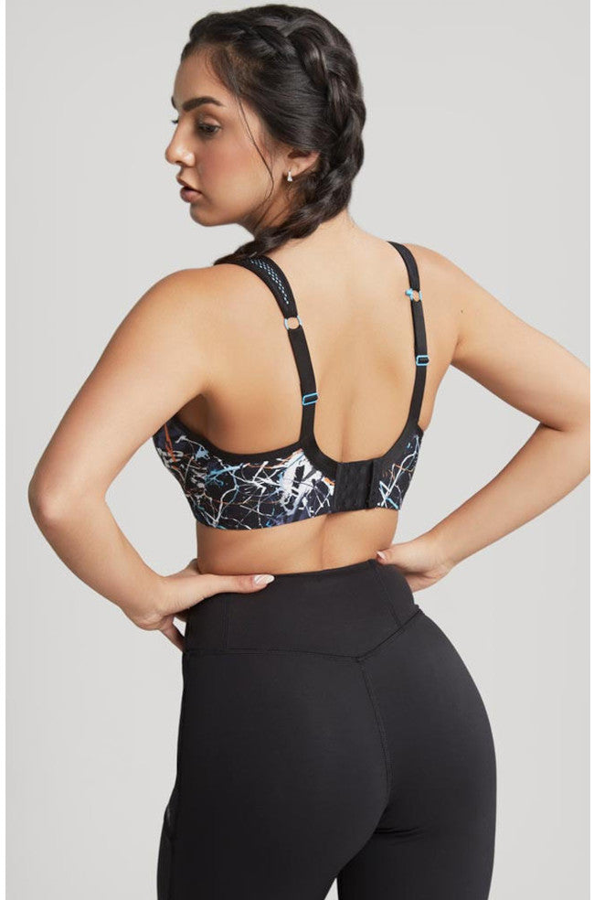 Panache Ink Splat sports bra in D cup, featuring a vibrant ink splatter design, suitable for larger cup sizes.