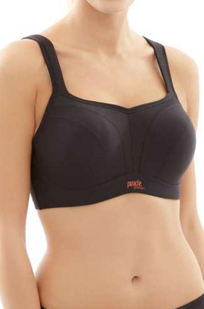 Black Panache underwire sports bra with supportive design for D to HH cup sizes, featuring breathable fabric and adjustable straps.