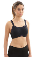 Black wirefree sports bra from Panache, designed for larger cup sizes, featuring a comfortable fit and support.