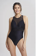 Panache Onyx black moulded swimsuit with mesh detail, available in DD-G cup sizes