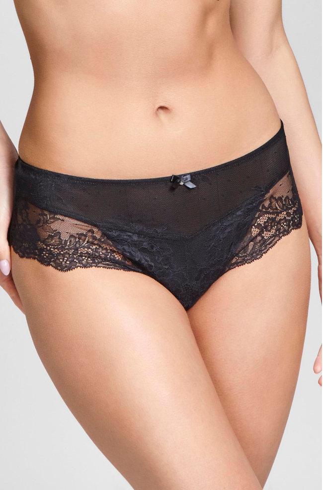 Black lace brief from Panache with intricate detailing, available in sizes 8 and 18.