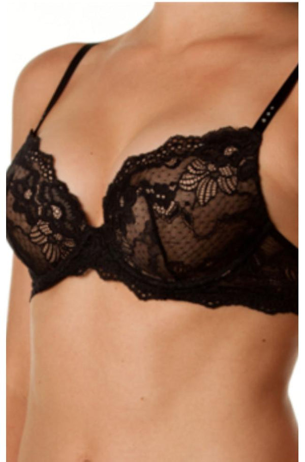 PLEASURE STATE OMB 200% Boost Push-Up Bra in black lace with nude cups, showcasing its elegant design and supportive fit.