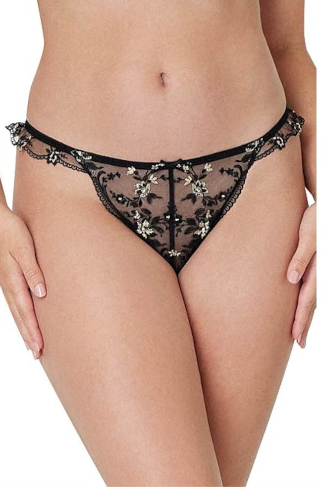 Black and gold embroidered thong lingerie in luxury design by Pleasure State, size XL