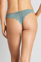 Pleasure State My Fit Lace Thong in Sagebrush Green, size L, featuring delicate lace fabric and a flattering fit.