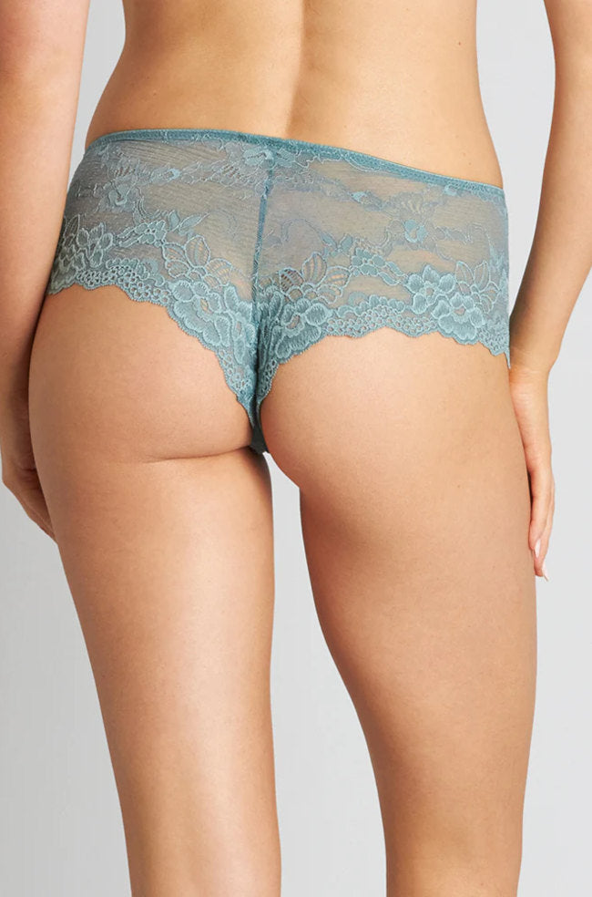 Sagebrush green Brazilian lace brief by Pleasure State, available in size L and XL.