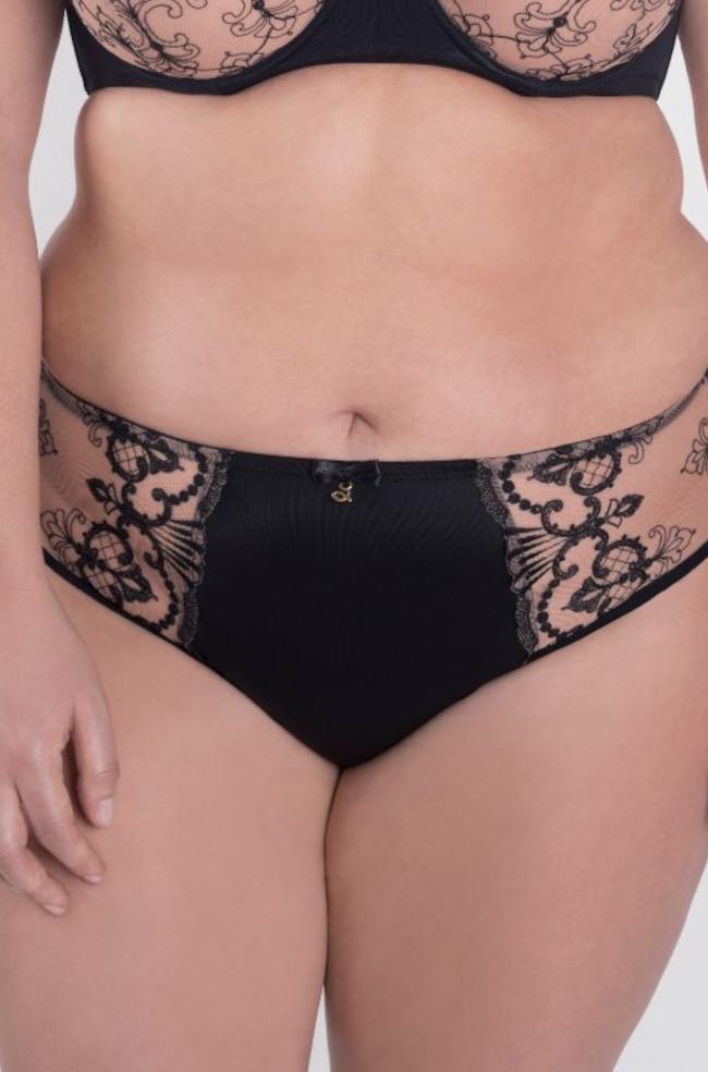 Black semi-sheer full brief with gold fittings by Samanta, featuring soft fabric and delicate design.