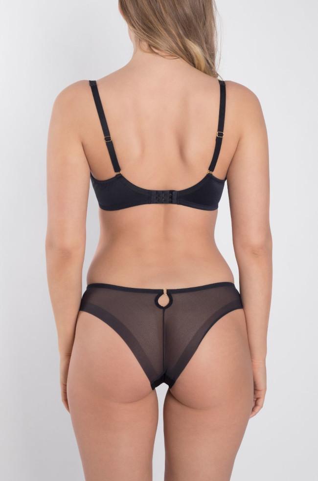 Black and nude semi-sheer thong with gold fittings by Samanta, available in sizes S, M, L.