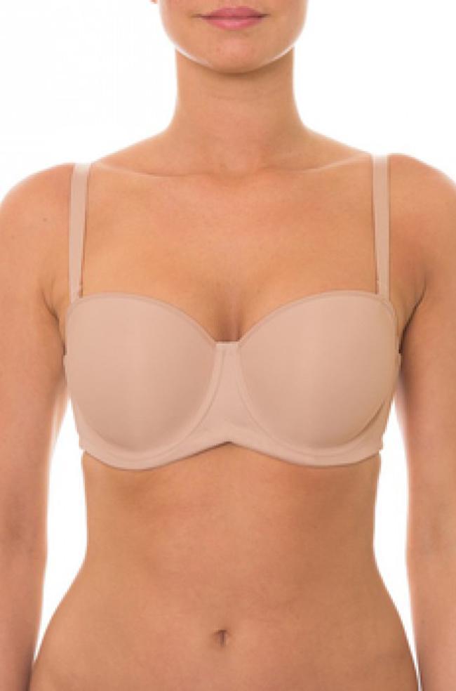 Nude Triumph strapless underwire bra with molded cups, designed for support and a smooth silhouette.