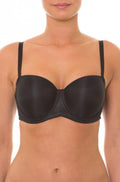 Black moulded underwire t-shirt bra with strapless design by Triumph, available in B, C, and D cup sizes.