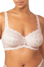 White lace balconette bra by Triumph with delicate floral detailing and adjustable straps, available in C cup sizes.