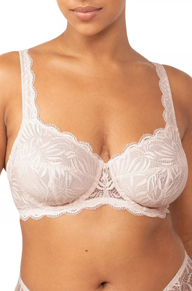 White lace balconette bra by Triumph with delicate floral detailing and adjustable straps, available in C cup sizes.