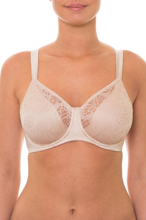 Beige Triumph Lacy Minimizer Bra with elastic lace, T-shirt style, designed to reduce bust projection, under cups visible.