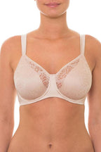 Beige Triumph Lacy Minimizer Bra with elastic lace, T-shirt style, designed to reduce bust projection, under cups visible.