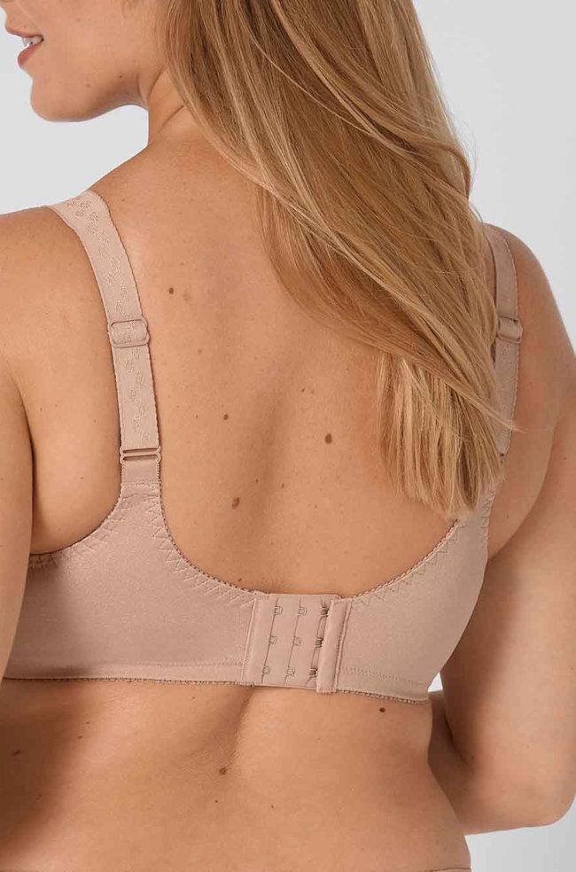 Cafe bra with underwire and adjustable straps from Triumph in sizes 12, 14, 16, and 18.