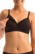 Black lace maternity bra by Triumph with adjustable straps and gentle support for B, C, and D cup sizes