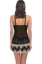 Wacoal Embrace Lace Chemise in black and nude with adjustable straps and delicate lace details
