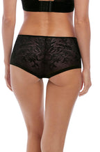 Black lace Wacoal Net Effects boyshorts with floral design and comfortable fit